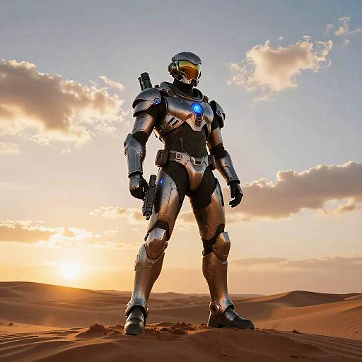 Photorealistic CGI of a futuristic armored soldier with a blue glowing chest piece, standing in a desert at sunset, holding a gun.