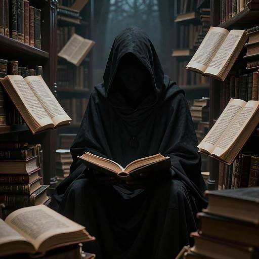 Mysterious, hooded figure in black cloak reads book in dimly lit library, surrounded by floating, open books. Dark, eerie atmosphere. Phot
