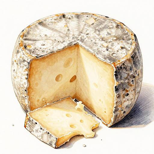 Digital drawing of a round, Swiss-style cheese with a cracked rind, revealing a chunky, hole-ridden interior and a smaller, triangular slice