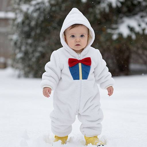 Photograph of a baby with blue eyes, wearing a white hooded onesie with red and blue bow, yellow boots, standing in snowy landscape with