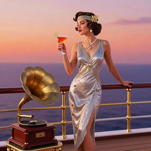 Art Deco Flapper on Luxury Cruise Deck