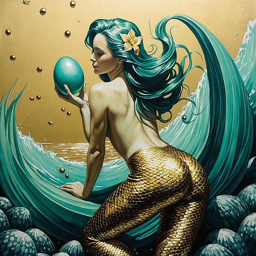 Mermaid with Egg in Aquamarine and Gold