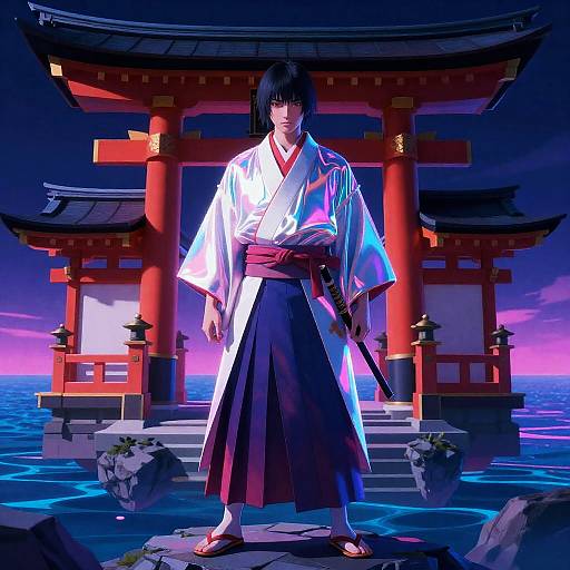 Celestial Samurai in Plasma Kimono at Floating Shinto Shrine