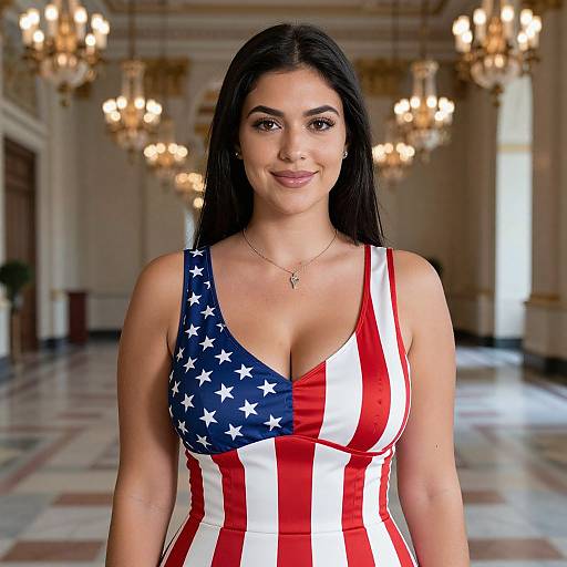 Photograph of a smiling woman with long black hair, wearing a fitted, low-cut dress with American flag pattern, standing in an elegant, chandelier