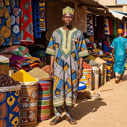 Photograph of an African man in colorful, patterned traditional attire standing in a vibrant market stall with textiles and spice bins.