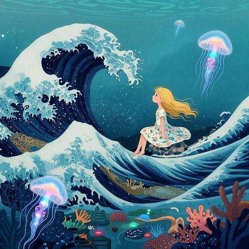 Surreal Underwater Realm with Giant Wave