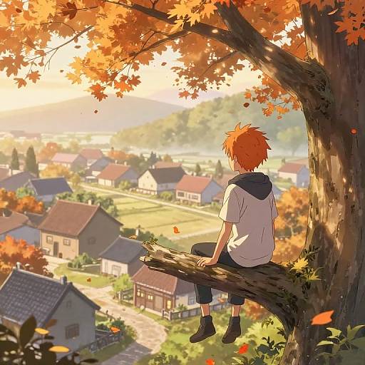 Peaceful Orange-Haired Anime Boy at Dawn