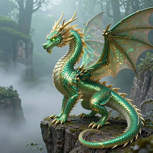 Digital artwork of a shimmering green dragon with gold accents, standing on a rocky cliff in a misty forest.