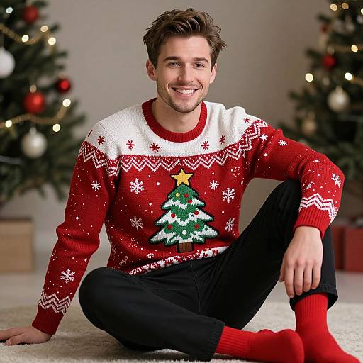 Photograph of a smiling young man with brown hair, wearing a red Christmas sweater with a tree and star, black pants, and red socks, sitting