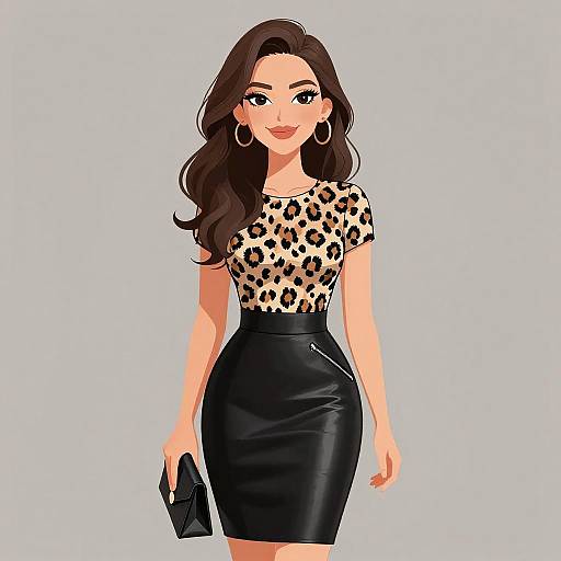 Digital illustration of a confident woman with long brown hair, wearing a leopard print top and black leather skirt, holding a black clutch, against a light gray