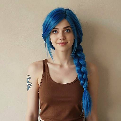 Photograph of a young woman with vibrant blue hair in a long braid, wearing a brown tank top, and a dragon tattoo on her left arm