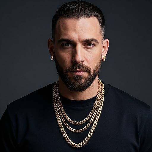Photograph of a serious, bearded man with dark hair, wearing multiple gold chains, black shirt, and earrings, against a dark background.