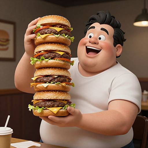 Cartoon Overweight Man with Burgers