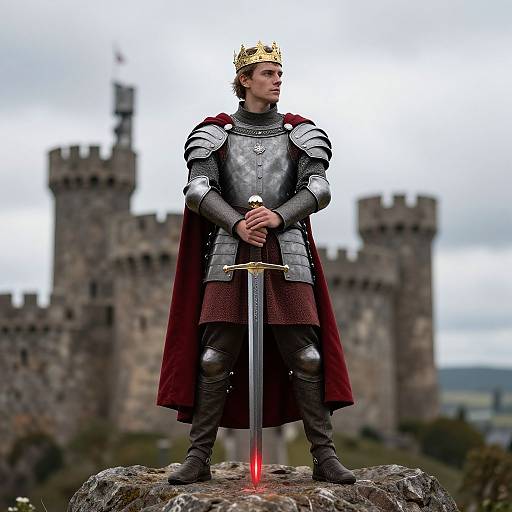 Photograph of a young male knight in silver armor, red cape, gold crown, holding a sword with a glowing red tip, standing on a rock