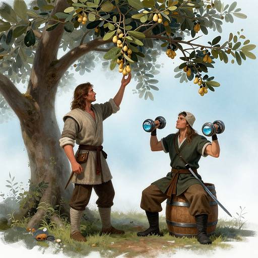 Digital illustration of two medieval men; one standing under a pear tree with ripe fruit, the other sitting on a barrel, using binoculars, under