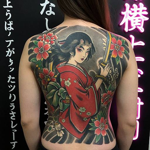 Photograph of a woman's back with a vivid, traditional Japanese-style tattoo of a samurai woman in a red kimono, holding a katana
