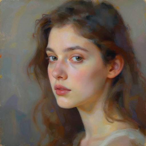Digital painting of a young woman with fair skin, brown wavy hair, and soft pink lips, gazing slightly to the left. Background is a