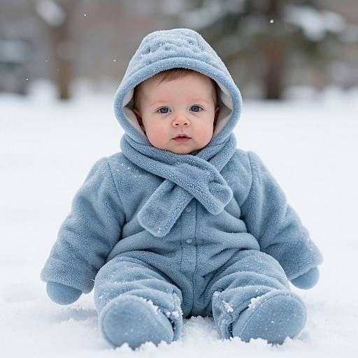 Photograph of a cute baby with blue eyes, fair skin, and rosy cheeks, wearing a light blue, fuzzy, hooded snowsuit,