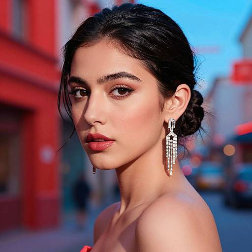 Photograph of a stunning young woman with dark hair in an updo, wearing long, dangling earrings, and red lipstick, set against a vibrant red