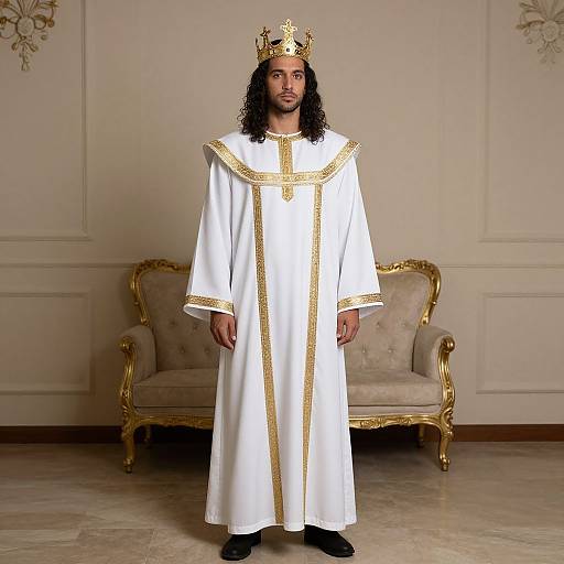 Photograph of a man with long black hair, wearing a white and gold regal robe and crown, standing in an elegant, cream-colored room with