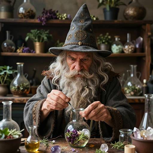 Photograph of an elderly wizard with a long white beard and gray robe, wearing a pointed hat, mixing herbs in a glass vial in a dim