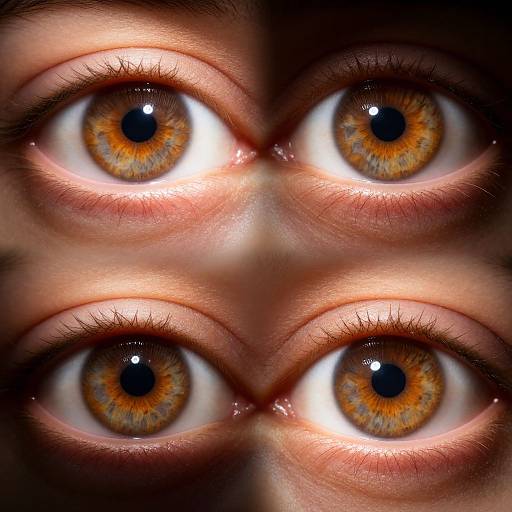 Close-up photograph of a person's four brown, multi-colored eyes arranged in a symmetrical, mirrored pattern, with detailed textures and reflections.