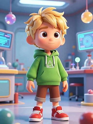 3D Cartoon Boy in Futuristic Lab