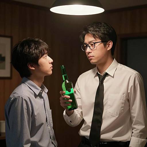 Two Men in Dimly Lit Room with Green Bottle