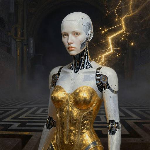 Photorealistic CGI of a silver and gold robotic woman with exposed circuitry, lightning bolts, and a maze-like background.