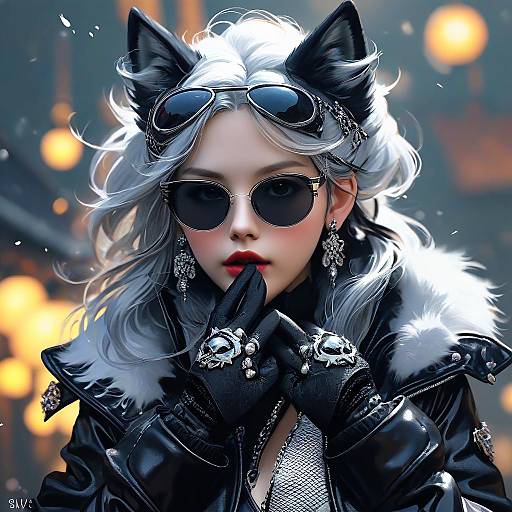 Digital art of a pale-skinned, white-haired woman with cat ears, black leather jacket, sunglasses, and finger to lips, wearing dark sunglasses and