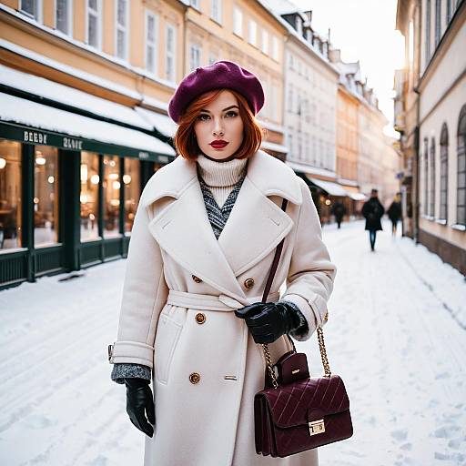 Woman in Classic Winter Coat and Beret on Snowy European Street