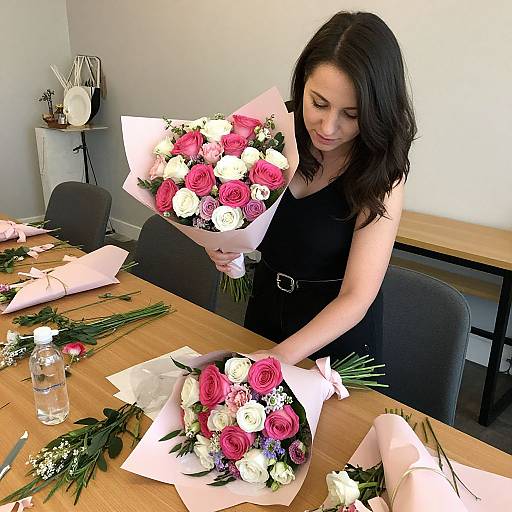 Photograph of a dark-haired woman in a black dress, arranging vibrant pink and white rose bouquets on a wooden table.