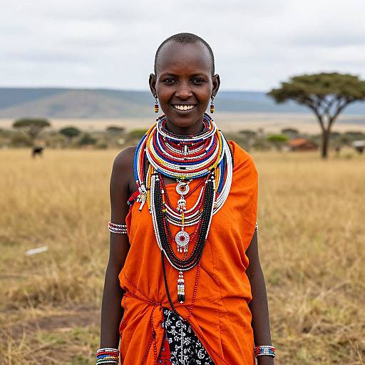Photograph of a smiling African woman with dark skin, wearing an orange traditional dress, adorned with multiple colorful beaded necklaces and bracelets, standing in