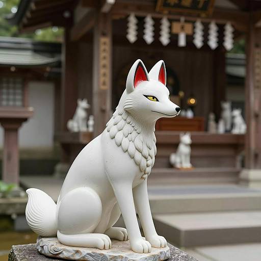 Ceramic Fox Statue with Shrine Background