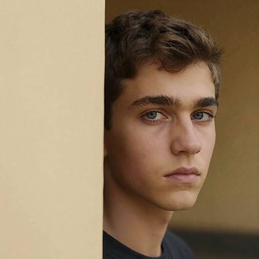 Young Man Partially Hidden Behind Wall