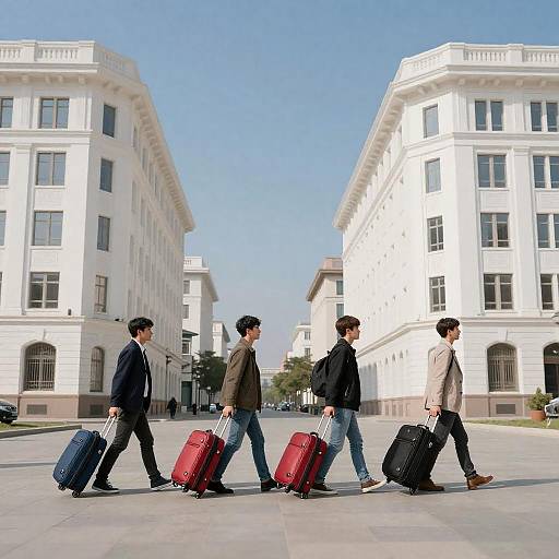 Four Men Walking with Suitcases in City