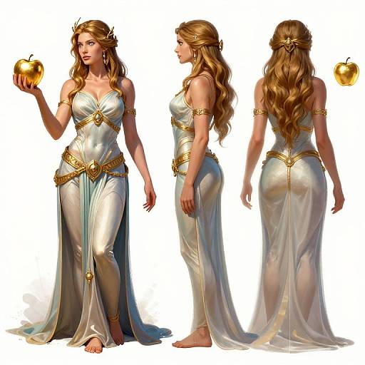 Digital artwork of a beautiful, long-haired, blonde woman in a flowing, white, gold-accented gown holding an apple, shown from front,