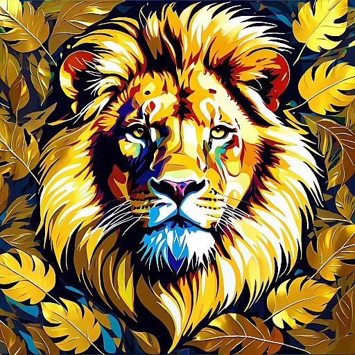 Vibrant Expressionist Lion in Golden Leaves Vibrant Expressionist Lion in Golden Leaves