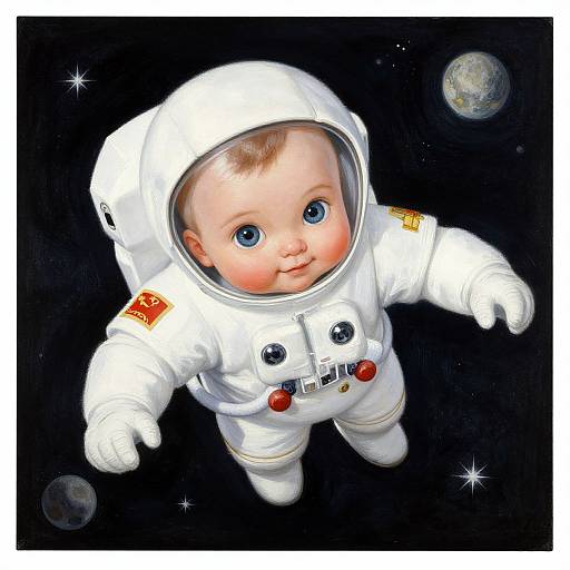 Digital illustration of a cute baby with blue eyes in a white astronaut suit, floating in space with planets and stars.