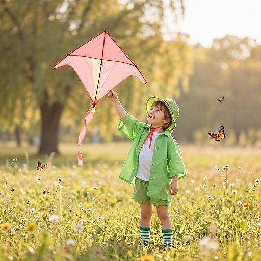 Photograph of a smiling toddler in a green raincoat and hat, flying a red kite in a sunlit, grassy meadow with butterflies.