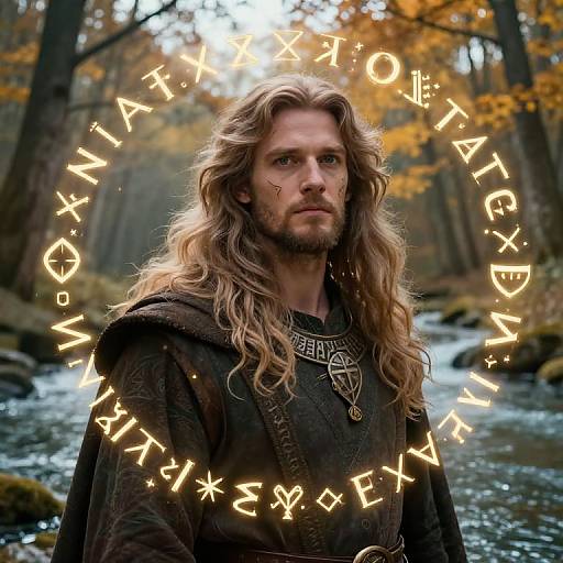 Photograph of a long-haired, bearded man with a serious expression, wearing a dark medieval tunic, surrounded by glowing runes in a forest with
