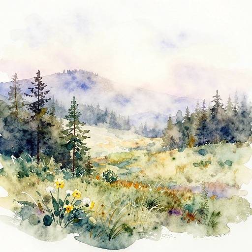Watercolor painting of a serene forest meadow with tall pine trees, vibrant yellow flowers, and soft, misty blue and green hues.