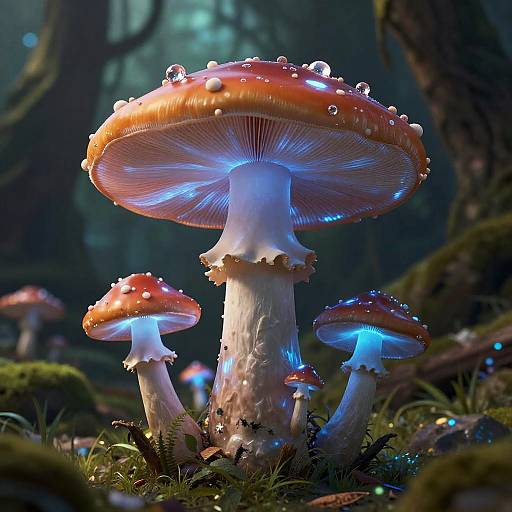 Photorealistic CGI of glowing, red-capped mushrooms with water droplets in a mystical, dark forest, illuminated by blue bioluminescent light