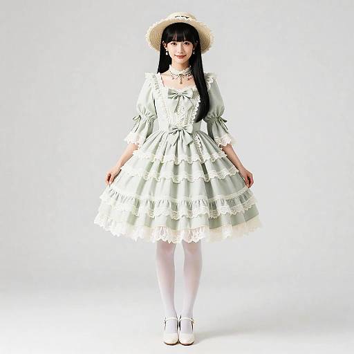 Young Woman in Green Lace-Trimmed Lolita Dress