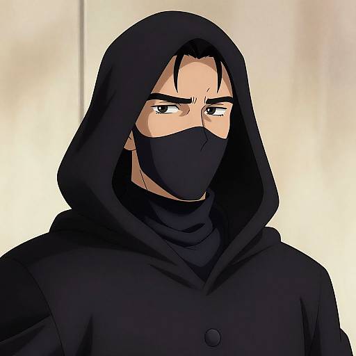 Digital anime-style drawing of a mysterious man with a stern expression, wearing a black hooded cloak and mask, against a blurred white background.