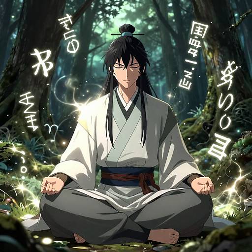 Digital anime-style drawing of a serious, long-haired man in a white and gray kimono, meditating in a mystical forest with glowing lights and Japanese