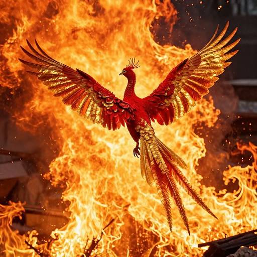 Photograph of a vivid red phoenix with golden feathers, wings spread wide, soaring amidst intense, fiery orange flames in the background.