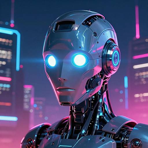 Photorealistic digital artwork of a futuristic, glowing blue-eyed robotic humanoid with metallic skin, set against a neon-lit cityscape at night.