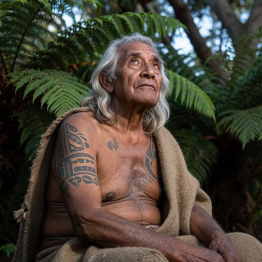 Photograph of an elderly, shirtless Native American man with white hair, tribal tattoos, and brown skin, sitting in a forest, wrapped in a