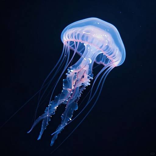 Photograph of a glowing blue jellyfish with translucent, flowing tentacles and a semi-spherical bell against a dark blue background.